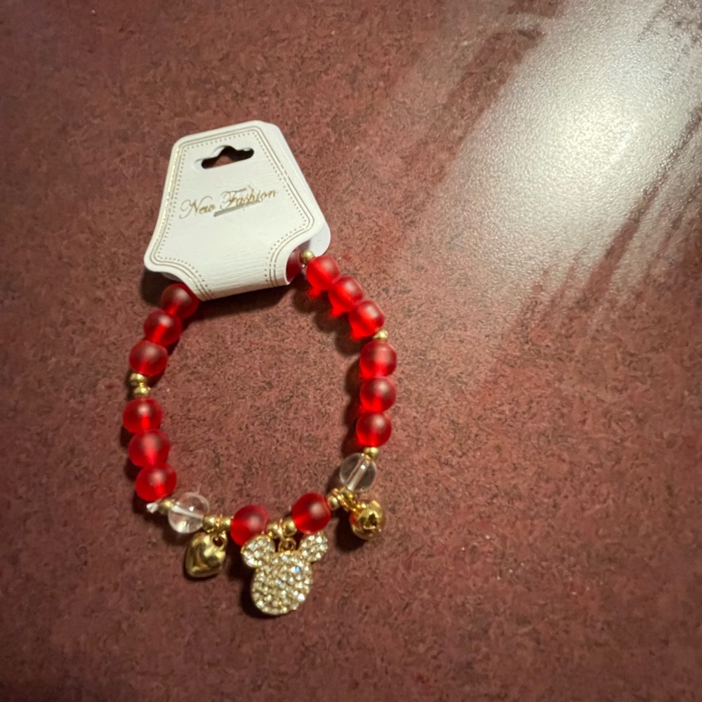 Red and Gold Beaded Mickey Mouse Bracelet with Charms